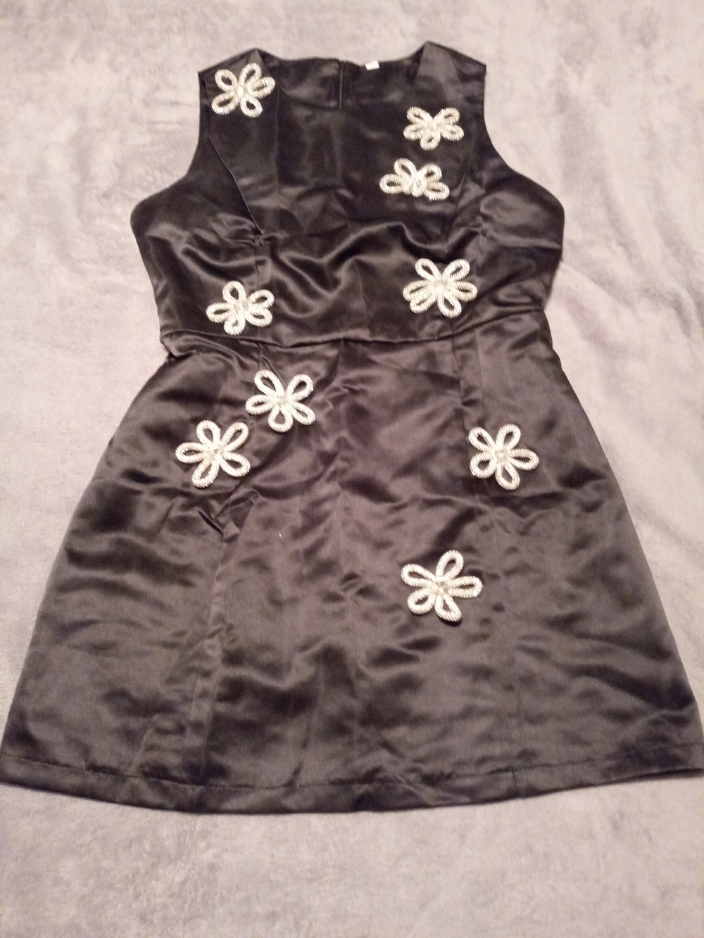 Black Satin Dress with Gem Stones Floral Appliqués
